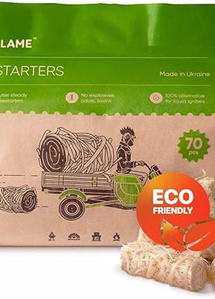 Inflame Fire Starters 70 pcs Fire Starters for Campfires, Grill, BBQ, Fireplace, Woodstove - Charcoal Starter - Waterproof, Weather-Resistant - Natural Wood Fireplace Starters