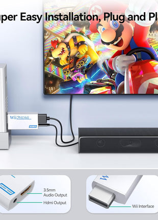 GANA Wii to HDMI Converter, 1080P Wii HDMI Adapter with 3.5mm Audio Jack | Plug and play, supports all Wii display modes, compatible with Wii/Wii U, HDTVs, monitors and projectors.