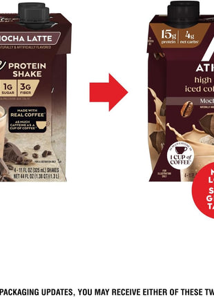 Atkins Mocha Latte Iced Coffee Flavored High Protein Shake, 12 Count | 15g Protein, 4g Net Carbs, 1g Sugar, 3g Fiber, Contains Caffeine, Ready to Drink, 11fl oz, 3 Pack of 4 Count Shakes