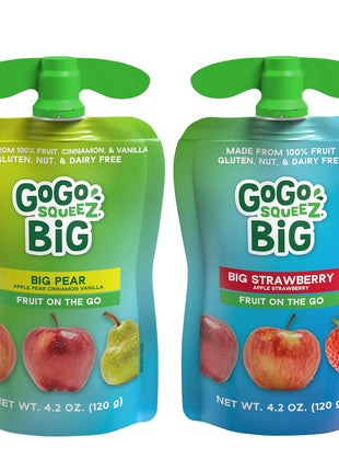 GoGo squeeZ BIG Applesauce & Fruit Puree with Vanilla and Cinnamon Variety Pack, Pear & Raspberry, 4.2 oz. (Pack of 20), Unsweetened Fruit Snacks for Kids, Gluten Free, Nut Free, Dairy Free Pouches