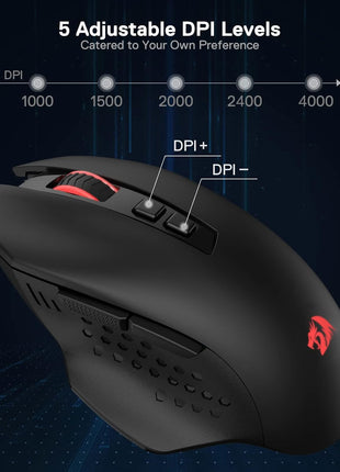 Redragon M656 Gainer Wireless Gaming Mouse, 4000 DPI 2.4Ghz Wireless Mouse w/ 5 DPI Levels, 7 Macro Buttons, Red LED Backlit & Pro Software/Drive Supported, for PC/Mac/Laptop