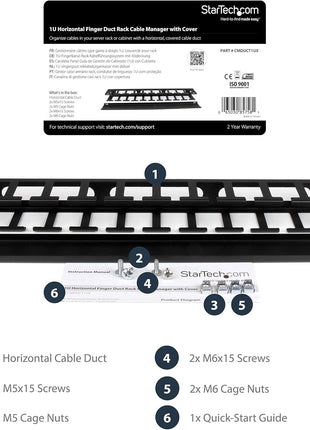 StarTech.com Horizontal 1U Server Rack Cable Management Finger Duct w/ Cover - 19 inch Network Rack Wire Duct Raceway Panel - Slotted Wire Duct (CMDUCT1UX)