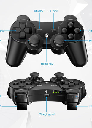 Diswoe Controllers for PS-3, Wireless PS-3 Controller 2 Pack, Bluetooth Gamepad Joystick, Double Vibrating Controller for Play_station 3 with 2 USB Charging Cables Thump Grips, Black
