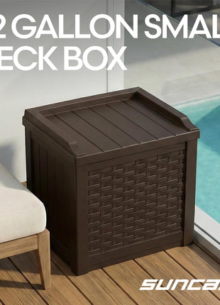Suncast Outdoor Deck Box - 22 Gallon Java Resin Outdoor Storage Box, Weatherproof Patio Storage Bin Container for Seating & Organizing Cushions, Tools & Towels for Pool, Yard, & Garden