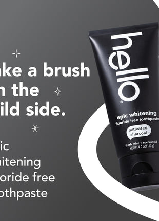 hello Epic Whitening Charcoal Fluoride Free Toothpaste, Activated Charcoal Toothpaste with Coconut Oil, Whitens Teeth Naturally, SLS Free, Fresh Mint, 4.0 Oz Tube