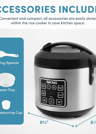 AROMA Digital Rice Cooker, 4-Cup (Uncooked) / 8-Cup (Cooked), Steamer, Grain Cooker, Multicooker, 2 Qt, Stainless Steel Exterior, ARC-914SBD