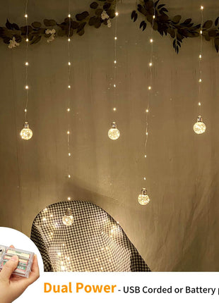 YOLIGHT Wishing Ball Curtain Lights 200 LED Window Curtain String Lights with Remote, USB Battery Powered Twinkle Globe Fairy Lights for Wedding Party Bedroom Christmas Decoration (Warm White)