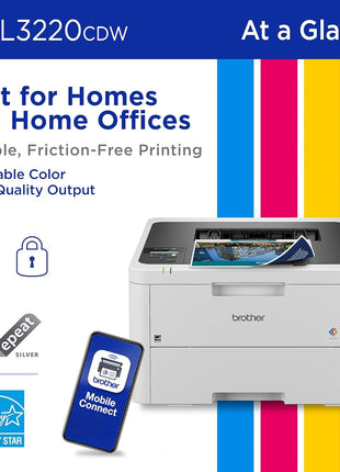 Brother Color Laser Printer with Wireless Printing Fast 19 PPM Output, Duplex Feature, Mobile Device Compatible, 250-Sheet Paper Tray for Professional Home Office Printing (HL-L3220CDW)