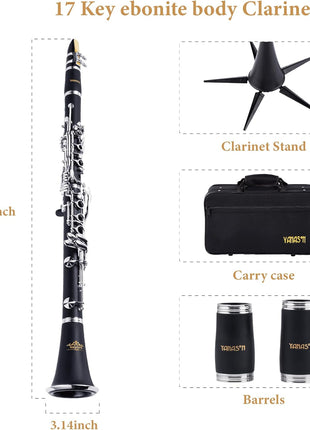 YANASON Bb clarinet for beginners, Bb nickel-plated 17-keys clarinet, suitable for students, professionals, school bands with Hard Foam Case,Barrels*2,Pads*8,Stand, Cleaning Kit,Gloves,Strap,Reeds*8