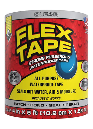 Flex Tape, Original Thick Flexible Rubberized Waterproof Tape - Seal and Patch Leaks, Works Underwater, Indoor Outdoor - Home RV Roof Plumbing and Pool Repairs, Clear, 4 in x 5 ft, Pack of 1