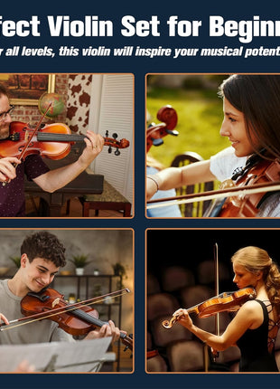 Mendini by Cecilio Violin 4/4 Full Size Kit For Beginners - Hand Carved Acoustic Violins Set - Fiddle Solid Wood Kit with Hard Case, Bow, Rosin, Shoulder Rest, Bridge and Extra Strings