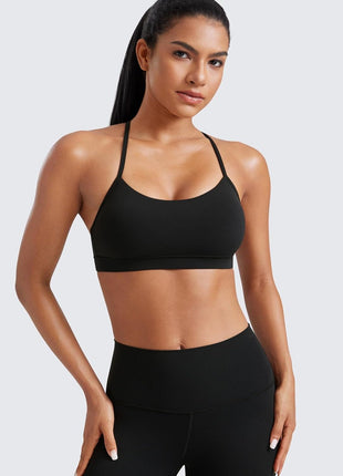 CRZ YOGA Butterluxe Womens Y Back Sports Bra - Padded Racerback Low Impact Spaghetti Thin Strap Workout Yoga Top Black Medium