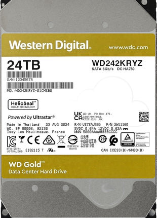 Western Digital 24TB WD Gold Enterprise Class SATA Internal Hard Drive HDD - 7200 RPM, SATA 6 Gb/s, 512 MB Cache, 3.5 inch - WD242KRYZ