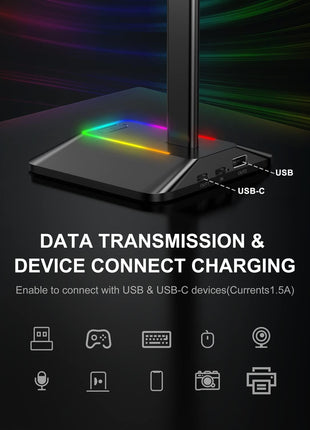 New Bee Headphone Stand with RGB Lighting, Sturdy Aluminum Gaming Headset Holder with USB-C & USB Charging Ports, Stable Desktop Earphone Stand for All Headphones Size, Black