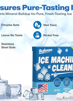 Sylvan Ice Machine Cleaner and Descaler Tablets | 30 Tabs | Made in USA | Nickel Safe Ice Maker Cleaning and Descaling Tablets | Universal Compatibility for Commercial & Residential Ice Makers