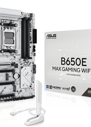 ASUS B650E MAX Gaming WiFi W – AMD B650 AM5 ATX Motherboard, White PCB, DDR5, PCIe 5.0, 3X M.2, Wi-Fi 6E, 2.5Gb LAN, USB 10Gbps Type-C, DisplayPort, HDMITM, BIOS FlashbackTM, Aura Sync, Advanced AI PC