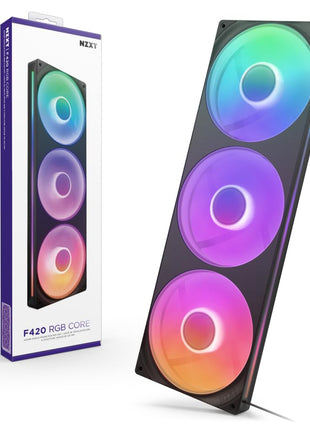 NZXT F420 RGB Core - 420mm Single-Frame RGB Fan Unit - Black | 420mm single-frame unit with three 140mm RGB fans on one cable. Speed and lighting controlled through CAM.