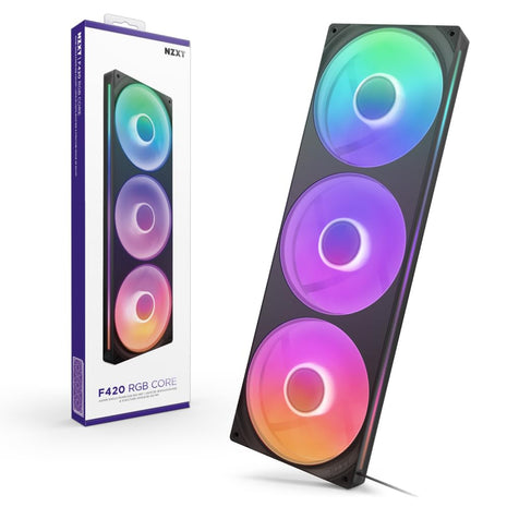 NZXT F420 RGB Core - 420mm Single-Frame RGB Fan Unit - Black | 420mm single-frame unit with three 140mm RGB fans on one cable. Speed and lighting controlled through CAM.