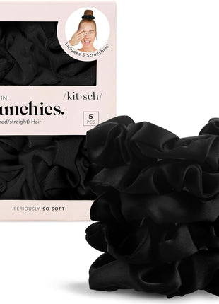 Kitsch Satin Scrunchies for Women ??No Crease Hair Ties ??Soft Satin Hair Scrunchies for Girls ??Frizz Free, Gentle, Stylish Hair Accessories ??Black, 5 pcs