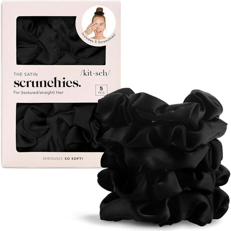 Kitsch Satin Scrunchies for Women ??No Crease Hair Ties ??Soft Satin Hair Scrunchies for Girls ??Frizz Free, Gentle, Stylish Hair Accessories ??Black, 5 pcs