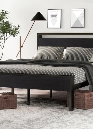 SHA CERLIN 14 Inch Queen Size Metal Platform Bed Frame with Wooden Headboard and Footboard, Mattress Foundation, No Box Spring Needed, Large Under Bed Storage, Non Slip Without Noise, Black Oak