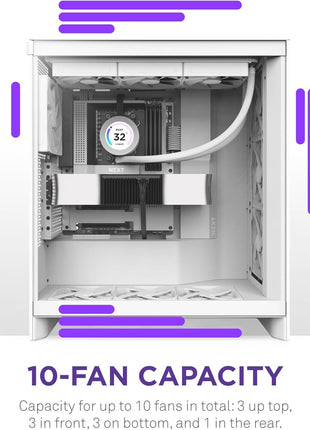 NZXT H7 Flow - Mid-Tower ATX Airflow PC Case - White | Airflow-first ATX mid-tower. Bottom-mount fans for direct GPU cooling, 420mm front radiator support, clean cable routing.