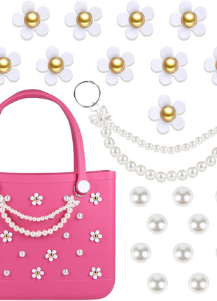 Charms for Bogg Bag,Decorative Flowers Pearls and Chain Set for Rubber Tote Bag, Must Have Accessories for Women Girls Simply Southern Beach Totes Bling Decoration