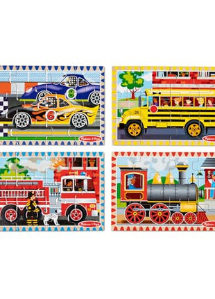 Melissa & Doug 4‐in‐1 Wooden Vehicle Jigsaw Puzzle Set, 48 Pieces with Storage Box, Toddler Puzzle Toy for Kids Ages 3+- FSC Certified