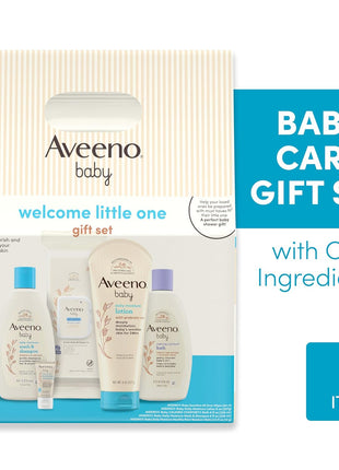 Aveeno Baby Welcome Little One Gift Set, Baby Skincare Set with Nourishing Baby Body Wash & Shampoo, Calming Bath Wash, All Over Baby Wipes, Daily Moisturizing Lotion, & Baby Balm, 5 Items