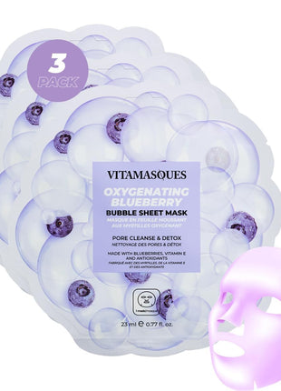 Vitamasques Blueberry Oxygenating Bubble Face Mask, Pore Cleanse and Detox, Deeply cleansing action, with bubbling fun (Pack of 3)