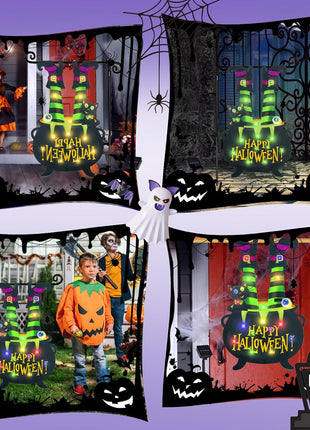 Halloween Lighted Garden Flag for Outside, Led Solar Yard Flag 8 Modes Witch Feet Shape Flag, 12x18 Double Sided Cauldron Eyeball Black Cat Decorations for Home Porch