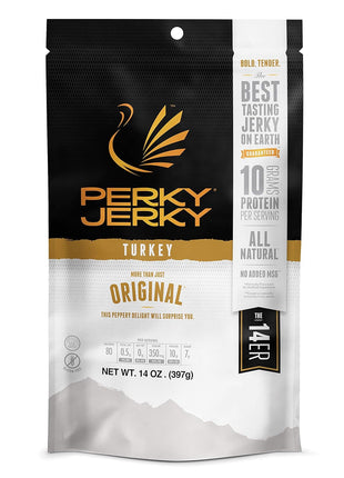 Perky Jerky Original Turkey Jerky, 14oz - Low Sodium - 10g Protein per Serving - Low Fat - 100% U.S. Sourced - Handcrafted, Tender Texture and Bold Flavor