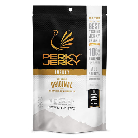 Perky Jerky Original Turkey Jerky, 14oz - Low Sodium - 10g Protein per Serving - Low Fat - 100% U.S. Sourced - Handcrafted, Tender Texture and Bold Flavor