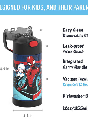 THERMOS FUNTAINER Water Bottle with Straw, 12oz, Spider-Man | Kids Stainless Steel Insulated Water Bottle, Keeps Drinks Cold Longer for School & Play, BPA-Free