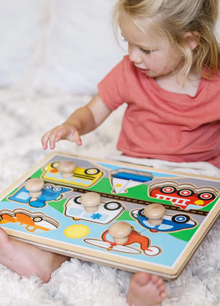 Melissa & Doug Vehicle Jumbo Knob Puzzle, Wooden Peg Puzzle for Toddlers, Educational Toy for Shape Recognition and Fine Motor Skills, Ages 1+