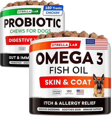 Dog Probiotics Treats for Picky Eaters Bundle + Fish Oil Omega 3 Treats for Dogs - Allergy Relief, Joint Health, Itch Relief. Skin & Coat Supplement + Enzymes + Prebiotics for Digestion Support