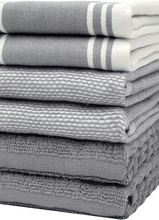 Premium Kitchen Towels 6 Pack 100% Cotton, 20"x28" Dish Towels - Grey | Large Flat & Terry Kitchen Linen Set with Hanging Loops, Highly Absorbent for Washing and Drying Dishes