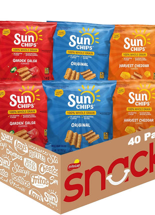 SunChips 100% Whole Grain Chips, Variety Pack, 1 oz Bags, Pack of 40, No Artificial Flavors, Colors