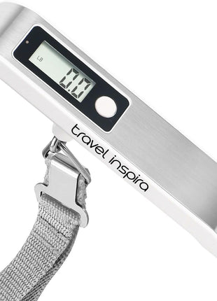 travel inspira Luggage Scale, Portable Digital Hanging Baggage Scale for Travel, Suitcase Weight Scale with Rubber Paint, 110 Pounds, Battery Included - Silver