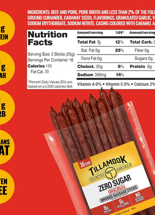 Tillamook Country Smoker Smoked Sausage, Zero Sugar, Original, 16 Ounce (36 Count Meat Sticks Bulk Pack) Real Hardwood Smoked Sausages, Low Carb, High Protein Ready to Eat Keto Snack