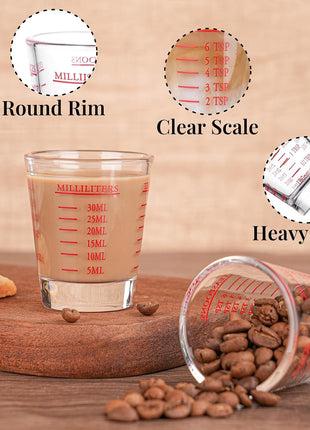 Measuring cup Espresso Shot Glass Liquid Heavy Glass Wine Glass 26 Incremental Measurement 1oz, 6 Tsp, 2 Tbs, 30ml (2 pack red)