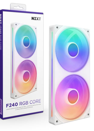 NZXT F240 RGB Core - 240mm Single-Frame RGB Fan Unit - White | 240mm single-frame unit with two 120mm RGB fans on one cable. Speed and lighting controlled through CAM.