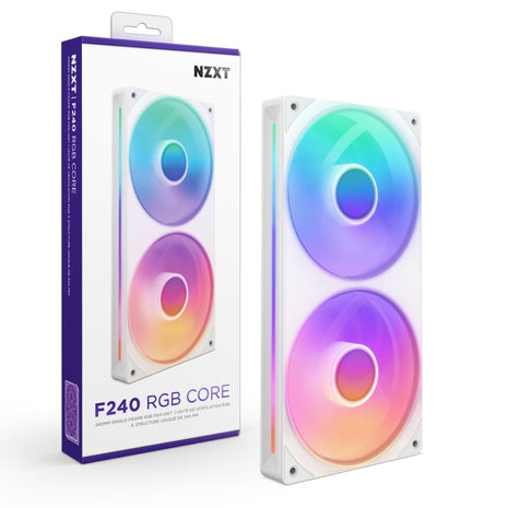 NZXT F240 RGB Core - 240mm Single-Frame RGB Fan Unit - White | 240mm single-frame unit with two 120mm RGB fans on one cable. Speed and lighting controlled through CAM.