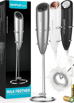 SIMPLETaste Milk Frother Handheld Battery Operated Electric Foam Maker, Drink Mixer with Stainless Steel Whisk and Stand for Cappuccino, Bulletproof Coffee, Latte