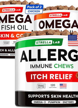 Omega 3 + Allergy Relief Dogs Bundle - Allergy & Itch Relief Skin&Coat Supplement + Itchy Skin Treatment - Omega 3 & Pumpkin - Allergy Supplement, Hotspot Relief, Anti Itch - 480 Chews - Made in USA