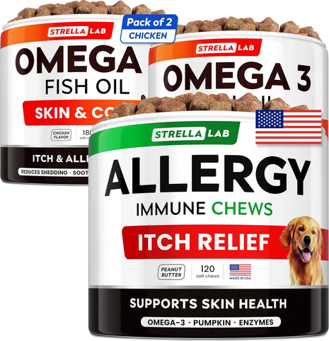 Omega 3 + Allergy Relief Dogs Bundle - Allergy & Itch Relief Skin&Coat Supplement + Itchy Skin Treatment - Omega 3 & Pumpkin - Allergy Supplement, Hotspot Relief, Anti Itch - 480 Chews - Made in USA