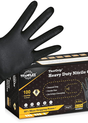 TitanFlex Heavy Duty Black Industrial Nitrile Gloves, 8-mil, Large, Box of 100, Latex Free, Raised Diamond Texture, Powder Free, Food Safe, Rubber Gloves, Mechanic Gloves
