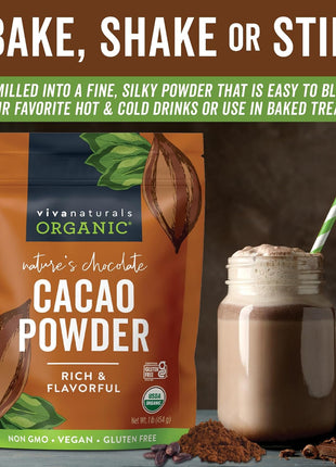 Organic Cacao Powder, Unsweetened, 1 lb (454 g) – Rich Dark Chocolate Flavor, Perfect for Baking, Smoothies & Hot Chocolate – Vegan, Keto, Paleo, Non-GMO & Gluten-Free Cocoa Powder