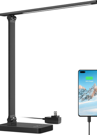 Lepro Desk Lamp with USB Charging Port for Home Office, 650LM 9.5W, Black | Dimmable Task Light, 5 Colors 5 Brightness, Eye Caring Table Lamp for Dorm Room, Sewing, Crafting, Reading, Nail, Drafts