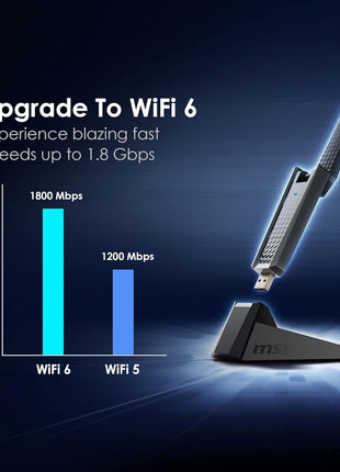 MSI AX1800 WiFi 6 Dual-Band USB Adapter - WLAN up to 1800 Mbps (5GHz, 2.4GHz Wireless), USB 3.2 Gen 1 Type-A, MU-MIMO, Adjustable Antenna, Beamforming, WPA3 - Wired Bracket Included